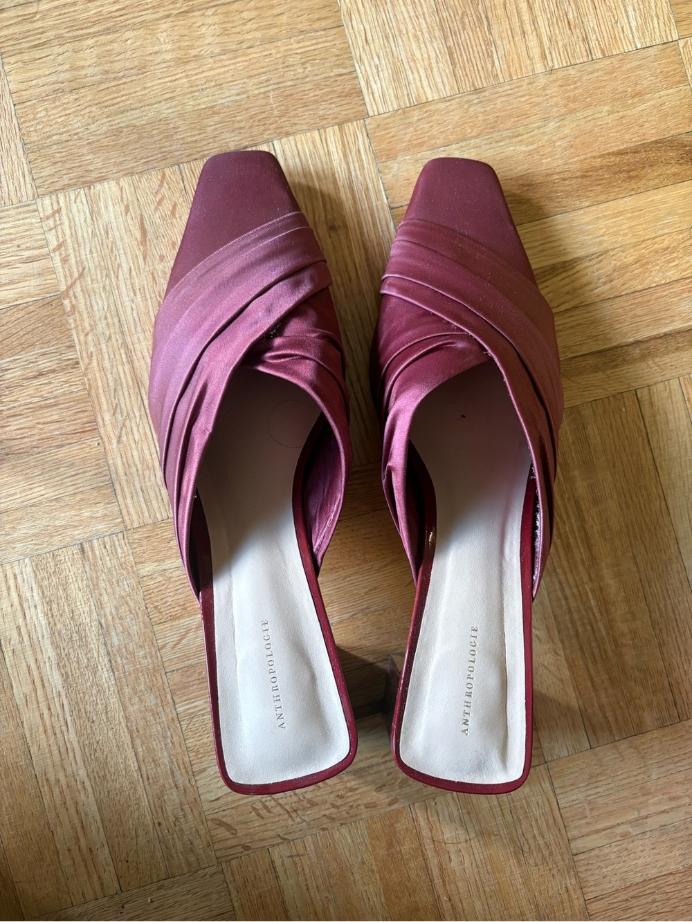 Anthropologie Satin Burgundy Square-Toe Mules